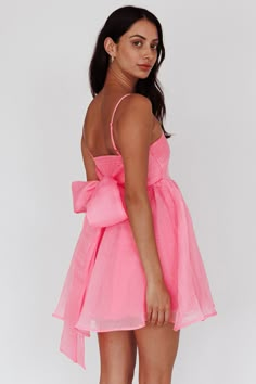 Diaz Bow Back Babydoll Mini Dress Pop Pink by Selfie Leslie Babydoll Hoco Dress, Hoco Dress With Bow, Wpa Dresses, Pink Outfits Dress, Homecoming Pink Dress, Formal Short Dresses, Pink Dress With Bow, Pink Hoco Dress, Recruitment Dresses