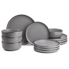 grey dinnerware set with gold rims