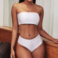 Brand New. Boutique Style. High Waisted Snake Print Bandeau Bikini Set Trendy Two Piece Bikini Set Featuring A Strapless Bikini Swim Top And A Pair Of High Waist Bikini Bottom With Cheeky Coverage. Fully Lined. Available In Sizes S Measurements: S - Bust 12", Waist 12", Bikini Bottom From Top To Crotch 11" White Bandeau Swimwear For Pool, White Bandeau Tankini For Swimming, White Bandeau Swimwear For Sunbathing, White Fitted Bandeau Swimwear, White High Waist Tankini For Sunbathing, White High-waist Tankini For Sunbathing, White Bandeau Tankini For Beachwear, White Bandeau Tankini For Vacation, White Bandeau Tube Top For Pool