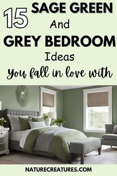 a bedroom with green walls and grey bedding in the corner, text overlay reads 15 sage green and grey bedroom ideas you fall in love with