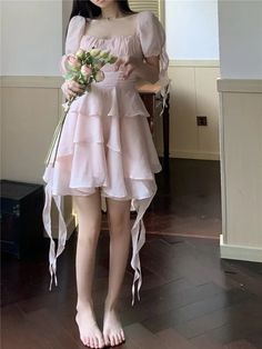 A-line Ruffled Puff Sleeve Solid Square Collar Party Dress – Weitese Dress Knee Length Fairy Dress, Pink Dress Outfit Party Short, Cottilion Dresses, Fairy Dress Short, Short Fairy Dress, Light Pink Short Dress, Pink Fairy Dress, Light Pink Dresses, Princess Fairy Dress