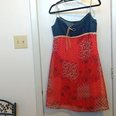 Denim Upper, Spaghetti Straps, Sheer Pattern Over Red Slip Dress Cutout Dress Pattern, Thrift Flip Dress, 60s Summer Fashion, Gold Dress Casual, New Years Clothes, Dresses Over Jeans, Blue And Orange Aesthetic, Thrifting Wishlist, Vacation Summer Outfits