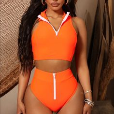 2 Piece Swim Set High Neck Sleeveless Crop Tank Top With Zipper High Rise Bikini Bottom With Zipper Neon Orange Bathing Suit, Sporty Sleeveless Tankini For Water Sports, Sleeveless Stretch Tankini For Water Sports, Sleeveless Stretch Swimwear For Water Sports, Stretch Sleeveless Swimwear For Water Sports, Sporty Sleeveless Tankini For Pool, Orange Swimwear For Water Sports In Summer, Casual Orange Sleeveless Swimwear, Orange Swimwear For Beach Season Sports