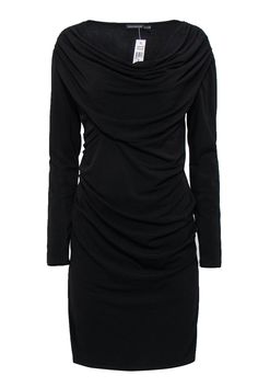 Current Boutique-Josie Natori - Black Long Sleeve Draped Cowl Midi Dress Sz S Chic Draped Mini Dress For Fall, Draped Bodycon Dress For Night Out, Fall Draped Mini Dress For Date Night, Elegant Party Dress With Cowl Neck, Elegant Cowl Neck Party Dress, Elegant Dress With Ruched Detail And Cowl Back, Black Cowl Neck Dress For Date Night, Night Out Mini Dress With Pre-draped Style, Black Mini Dress With Draped Sleeves For Night Out