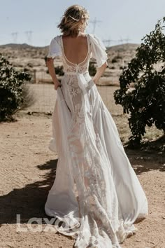 13510 - V Neckline Backless Lace Chiffon Bohemian Wedding Dress – Laxag Ivory Lace Wedding Dress, Cape Wedding Dress, Crepe Wedding Dress, Boho Wedding Dress Lace, Applique Wedding Dress, Backless Wedding, Bohemian Wedding Dress, Bohemian Wedding Dresses, Ivory Wedding Dress