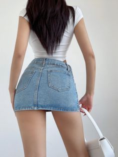 Casual High Waist Dark Wash Skort, Casual High Waist Denim Skort, High Waist Denim Skort Casual, Casual Mid-rise Denim Mini Skirt, Casual Blue Mini Length Jean Shorts, Casual Denim Blue Mini Skort, Casual Mini Length Jeans With Frayed Hem, Casual Mini Jeans With Frayed Hem, Casual Denim Skort