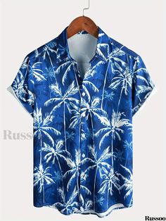 Russoo - Summer Casual Aloha Shirts: Button-Up Short Sleeve Beach Shirts with Palm Tree Design Collared Camp Shirt With Buttons For Beach, Casual Buttoned Camp Shirt For Beach, Vacation Beach Season Shirt With Buttons, Summer Vacation Short Sleeve Shirt With Buttons, Short Sleeve Camp Shirt With Buttons For Vacation, Casual Short Sleeve Button Shirt For Beach, Casual Short Sleeve Shirt With Buttons For Beach, Summer Blue Shirt With Camp Collar, Summer Beach Short Sleeve Shirt With Button Closure