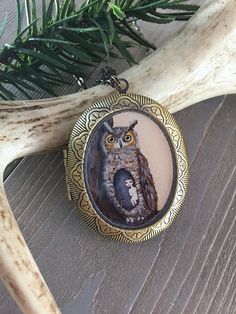 Owl Locket - bird necklace jewelry with owl art pendant Collectible Handmade Bronze Locket Necklace, Handmade Victorian Locket Necklace For Memorial, Bohemian Cameo Jewelry Gift, Bohemian Cameo Jewelry For Gifts, Bohemian Cameo Necklace For Gift, Vintage Hand Painted Jewelry Gift, Vintage Hand Painted Jewelry For Gift, Hand Painted Vintage Jewelry Gift, Antique Gold Handmade Pendant Locket Necklace