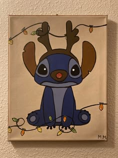 a painting of a blue and brown animal with antlers on it's head