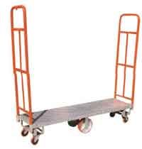 an orange hand truck with two wheels and one wheel on each side, is shown