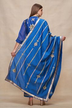 Royal blue chanderi dupatta with gota embroidery in striped floral pattern. - Aza Fashions Blue Slub Silk Traditional Wear With Sheer Dupatta, Blue Traditional Wear With Sheer Dupatta In Slub Silk, Blue Chanderi Dupatta For Diwali, Traditional Cotton Silk Dupatta With Gota Work, Blue Chanderi Traditional Wear With Sheer Dupatta, Blue Chanderi Dupatta For Festivals, Blue Slub Silk Traditional Wear With Gota Work, Blue Chanderi Dupatta With Zari Work, Blue Slub Silk Dupatta For Festivals