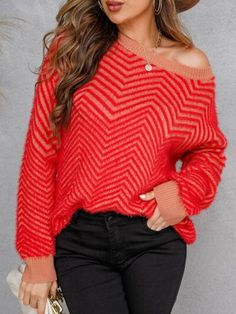 Stay warm and stylish in our Striped Round Neck Dropped Shoulder Sweater. Featuring a unique two tone design, this sweater will keep you looking cool and feeling cozy. Perfect for any casual or dressed up occasion. Features: Basic style Stretch: Moderate stretch Material composition: 50% acrylic, 50% polyester Care instructions: Machine wash cold. Tumble dry low. Imported Product measurements:S:Bust 40.94 in, Sleeve Length 20.87 in, Top Length 24.41 inM:Bust 42.52 in, Sleeve Length 21.26 in, Top Picture Style, Drop Shoulder Sweaters, Fuzzy Sweater, Maxi Dress Formal, Pullover Sweater Women, Ribbed Neckline, Basic Style, Shoulder Sweater, Red Sweaters