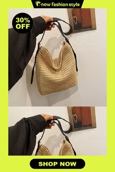 Daily Simplicity Solid Weave Bags Trendy Beige Handheld Hobo Bag, Trendy Rectangular Bucket Bag For Day Out, Trendy Handheld Crochet Bag, Trendy Large Capacity Straw Bag For Day Out, Trendy Spring Satchel Hobo Bag, Trendy Beige Bucket Bag With Single Shoulder Strap, Trendy Beige Hobo Bag With Handles, Trendy Square Hobo Bag, Chic Large Capacity Crochet Bag For Shopping