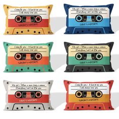 four different colored cassette pillow cases with words on them