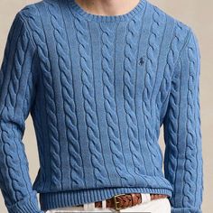 Polo Ralph Lauren Men’s Cableknit Sweater In Blue - Nwt New In Plastic Classic Blue Sweater With Ribbed Cuffs, Blue Textured Knit Cotton Sweater, Blue Cotton Textured Knit Sweater, Classic Blue Sweater With Ribbed Collar, Classic Blue Knit Polo Sweater, Blue Classic Sweater With Ribbed Collar, Classic Blue Polo Sweater For Fall, Blue Crew Neck Polo Sweater For Fall, Blue Casual Polo Sweater With Ribbed Cuffs