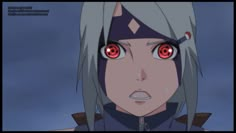 an anime character with grey hair and red eyes looks at the camera while staring into the distance