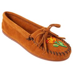 Minnetonka Ziigwan Hand-Beaded Suede Moccasin  Say hello to the Ziigwan. Pair these soft suede slip-on moccasins with everything from skinny jeans to flirty frocks and up your fashion game, Minnetonka style. You'll love the look and fit of the hand-beaded design with high-quality whipstitching detail, and the comfort of a padded foam insole.  Good to Know      Runs big, we recommend sizing down a full to half size — for an average foot size we suggest buying a slightly smaller shoe than the size Knitted Slippers Pattern, Fashion Shoes Flats, Suede Moccasins, Slippers Pattern, Knitted Slippers, Hand Beading, Soft Suede, Moccasins, Good To Know