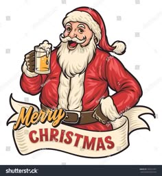 santa claus holding a mug of beer with merry christmas message on it's side