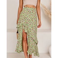 Green Elastic Waist High Low Ruffled Floral Skirt Long Skirt And Top, H And M, Fashion Skirts, Calf Sleeve, Skirt And Top, High Low Skirt, Floral Print Skirt, Boho Summer, Black Ruffle