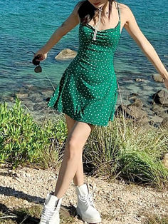 ⚡Buy 2024 Polka Dot Backless Slimming Halter Dress Green S under $18.00 in Dresses at AnotherChill.com Online. Style: Casual, Sexy. Color: Green. Fabric Content: 100% Polyester. Fit Type: Slim fit. Sleeve Length: Sleeveless. Neckline: U Neck. Length: Above Knee. ✓2024 S/S OUTFITS. Check reviews and buy Polka Dot Backless Slimming Halter Dress today. Mini Prom Dresses, Backless Mini Dress, Mini Dresses For Women, Madison Beer, Evening Attire, Green Fabric, Flowing Maxi Dress, Ladies Party, Glamorous Evening Gowns