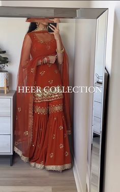 Full Work Suit Design, Suit And Sharara Design, Orange Sharara Outfit, Sharara Outfit Ideas, Rust Color Punjabi Suit, Rust Indian Outfit, Desi Modern Outfits, Sharara Suit Ideas, Punjabi Garara Suits