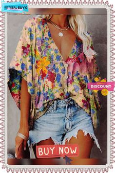 Women's V-neck Batwing Sleeve Digital Printing Blouses Fall V-neck Tops For Beach, Multicolor Floral Print V-neck Blouse, Fall V-neck Beach Tops, Fall Beach V-neck Tops, Fall Vacation Tops With V-neck, Multicolor Floral Print V-neck Top, Fall Beach V-neck Blouse, V-neck Tops For Vacation In Spring, V-neck Tops For Spring Vacation