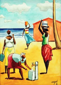 three women are on the beach with their suitcases and water bottles in front of them