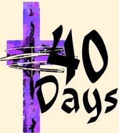 a purple cross with the words 40 days written in black on it, and an image of a crucifix