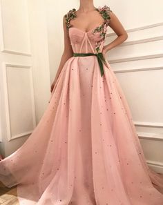 Green Floral Embellished Party Gown, Green Floral Party Gown, Pink Floral Embellished Floor-length Evening Dress, Pink Floral Floor-length Evening Dress, Pink Floral Floor-length Dress, Pink Floral Embellished Evening Dress For Wedding, Pink Floral Applique Gown For Gala, Pink Floral Gown For Prom Season, Pink Fitted Evening Dress With Floral Applique