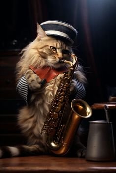 a cat wearing a hat and playing a saxophone