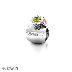 A bouquet of three dimensional flowers grace this charm. Customize with three stones and a personal engraving. This charm fits all standard charm bracelets. Elegant Personalized Charms As A Gift For Mom, Elegant Charms For Anniversary And Mother's Day, Engraved Charms For Anniversary, Elegant Engraved Charms For Mother's Day, Engraved White Gold Charms For Anniversary, Mother's Day White Gold Jewelry With Flower Charm, Flower Shaped Charm Bracelet For Gift, Elegant Silver Charms For Personalized Gifts, Flower Charm Bracelet For Anniversary