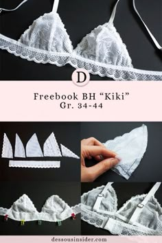 the instructions for how to make a bralet with lace and ribbon on it are shown