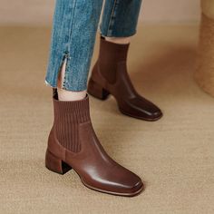 Classic Elegant Chelsea Boots Leather Stretch Boots Mid Heel Square Toe Sock Boots Brown/Black Women Work Shoes Winter, Ankle Boots Vintage, Smart Casual Boots Women, Block Heel Chelsea Boots Outfit, Brown Sock Boots Outfit, Women’s Brown Boots, Shoes That Match With Everything, Short Brown Boots Outfit, Brown Sock Boots