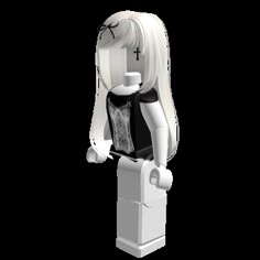 a lego figure with long white hair and black shirt on it's head, standing in front of a white background