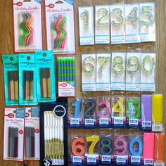 there are many craft supplies on display in the store, including birthday candles and bracelets