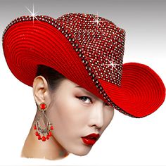 Red Couture Cowboy Hat Adorned With Dazzling Pave Rhinestones! This Exquisite Hat Is The Epitome Of Elegance And Style, Perfect For The Modern Woman With A Flair For The Dramatic. Whether You're Hitting The Rodeo, Attending An Equestrian Event, Or Stepping Out For A Night On The Town, This Jewel-Encrusted Masterpiece Will Turn Heads And Grab Attention. Rhinestone Cowboy Hat Outfit, White Hats For Women, Red Western-style Party Hat, Red Western Style Party Hat, Elegant Bedazzled Hats, Big Hats For Women, Crazy Kentucky Derby Hats, Embellished Cowboy Hat, A Flair For The Dramatic