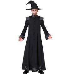 The Fun Costumes Warlock Costume for MenGet ready for a dark Halloween with our wizard warlock costume for men! This warlock outfit comes with a robe jacket and cone hat. The floor-length coat features satin-covered buttons that secure the jacket at the center front. A contrasting color Mandarin collar, shoulder caps, and sleeve cuffs add awesome accent, while printed symbols on the back of the jacket and along the hemline take the costume to the next level. Complete the look with black warlock Black Outerwear For Larp Halloween, Witchy Outerwear For Halloween Larp, Medieval Outerwear For Halloween Costume Party, Elvish Halloween Cosplay Costumes, Black Costume Accessories For Fantasy Winter Events, Black Costume Accessories For Winter Fantasy Events, Witchy Halloween Cosplay Outerwear, Witchy Long Sleeve Costume For Cosplay, Medieval Black Costume For Winter