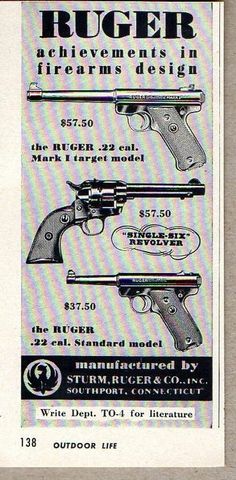 1954 Vintage Ad Ruger Pistols Revolvers 3 Models Shown Southport,CT Vintage Hunting, Cigars And Whiskey, Old Ads, Repair And Maintenance, Self Defense, Vintage Ads, Vintage Advertisements, Pitbull, Lawn