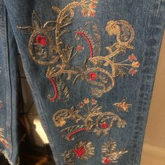 Beautiful Light Blue Embroidered Embroidered Jeans, Brand New Size Medium . Waist Measures 30 In Length 33 In. Culotte Style . Traditional Embroidered Blue Pants, Traditional Blue Embroidered Pants, Embroidered Summer Festive Bottoms, Embroidered Festive Bottoms For Summer, Festive Embroidered Blue Pants, Festive Blue Embroidered Pants, Embroidered Blue Straight Leg Pants, Blue Embroidered Straight Leg Pants, Festive Embroidered Cotton Bottoms