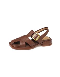 Roman Style Square Toe Strappy Sandals Slingback — Obiono Flat Sandals With Tang Buckle, Chic Brown Sandals With Tang Buckle, Brown Slingback Sandals With Buckle And Round Toe, Summer Flat Slingback Pumps With Buckle Closure, Summer Slingback Mules With Buckle Closure, Brown Slingback Sandals With Buckle Closure For Summer, Brown Slingback Sandals For Summer, Summer Slingback Pumps With Adjustable Strap And Round Toe, Leather Flat Heel Slingback Sandals With Adjustable Strap