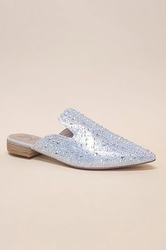 Gem-39 - Pointed Toe Slip On Mule Flats - us.meeeshop Mule Flats, Flat Mules, Slip On Mules, Casual Flats, Silver Rhinestone, Leather Silver, Toe Designs, Artificial Leather, Synthetic Leather