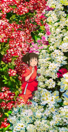 a girl standing in the middle of flowers