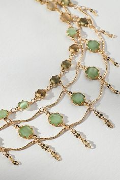 14k gold-plated brass, cateye, glass, resin Lobster clasp Imported | Triple-Layer Crystal Necklace by Anthropologie in Green, Women's, Gold/Plated Brass/Glass Fairy Choker Necklaces, Bohemian Jewelry Necklaces, Fairy Choker, Semi Precious Necklace, Fairy Necklace, Anthropologie Jewelry, Brass Glass, Layered Jewelry, Green Necklace