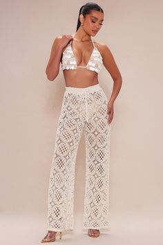 Available In Cream. Triangle Bikini Top Shell Embellishments Tie Back Crochet Pants Drawstring Waist Wide Leg Stretch Self: 95% Cotton 5% Nylon Lining: 100% Polyester Imported | Mallorca Crochet Pant Set in Cream size XL by Fashion Nova Fitted Beach Pants For Beach Season, Crochet Lace Beach Bottoms For Summer, Summer Beach Crochet Lace Bottoms, Beachwear Bottoms With Crochet Lace For Vacation, Crochet Lace Beachwear Bottoms For Vacation, Crochet Lace Bottoms For Beachwear Vacation, Summer Festival Bottoms With Crochet Lace, Bohemian Crochet Lace Beach Bottoms, Beachwear Bottoms With Crochet Lace For Beach Season