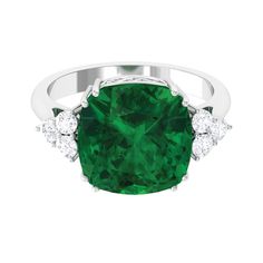 Cushion Cut Created Emerald Engagement Ring with Diamond Trio Lab Created Emerald - ( AAAA ) - Quality - Rosec Jewels Lab Created Emerald, Ring With Diamond, Sparkling Diamond, Emerald Engagement, 18k Yellow Gold Ring, Emerald Engagement Ring, Emerald Ring, Sparkle Diamonds, Cushion Cut