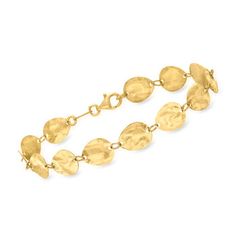 Ross-Simons - Italian 18kt Gold Over Hammered, Polished Disc Bracelet. 7". This luxe bracelet comes from Italy, masterfully crafted in 18kt yellow gold over sterling silver and featuring hammered and polished finishes that are hand-applied, making each piece unique. A great bracelet with organic flair to flaunt solo or to add to your stack of favorites for a bit of variation. Lobster clasp, 18kt gold over sterling hammered and polished disc bracelet. Outfit Trench, Cuban Link Necklace, Jeans Heels, Disc Bracelet, Toggle Necklace, Day Time, Natural Gold, Disc Necklace, Fine Jewelry Bracelets