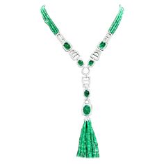 An exquisite necklace in Art Deco design, so refined, particular, a very adorable style. Necklace come in 18K gold with emeralds beads , and 40 pieces of Natural Zambian Emeralds, extra fine quality, spectacular color , in perfect cabochon oval cut , of 40,50 carats, and 774 pieces of natural diamonds in round brilliant cut , of 5,50 carats, F color VS clarity, very sparkly. Piece of high jewelry. Handcrafted by artisan goldsmith. Excellent manufacture and quality of stones . Complete with AIG report. Whosale price . Note : on my shipment, no taxes. Luxury Emerald Necklace For Anniversary, Luxury Emerald Gemstone Necklace For Formal Occasions, Luxury Diamond Cut Emerald Necklace For Anniversary, Elegant Emerald Diamond Cut Necklace, Luxury Green Diamond Necklace For Anniversary, Exquisite Green Diamond Necklace For Formal Occasions, Formal Emerald Necklaces With Diamond Cut, Hand Set Emerald Necklaces For Formal Occasions, Green Luxury Diamond Necklace For Anniversary