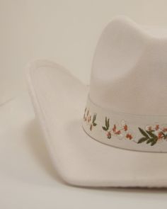 Cream Floral Embroidered Strap Cowboy Hat - Cindy Jane Boutique - Hats White Western Hat For Western-themed Events, White Fedora Felt Hat For Festival, White Bohemian Felt Hat For Kentucky Derby, White Bohemian Felt Hat For Rodeo, White Western Hat For Spring, White Adjustable Felt Hat For Festival, Adjustable White Felt Hat For Festivals, Adjustable White Felt Festival Hat, White Wide Brim Felt Hat For Ranch