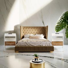 a bedroom with marble flooring and white walls, including a bed in the center