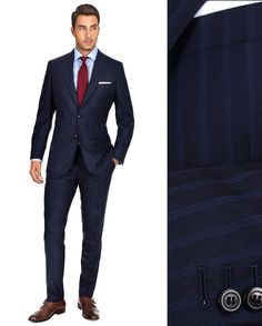 SARTORIA BLUE STRIPE NAVY SUPER 160S SUIT Navy Blue Striped Suit Men, Navy Blue Pinstripe Suit Men, Blue Pin Stripe Suit Men, Classic Striped Fitted Three-piece Suit, Classic Tailored Navy Three-piece Suit, Suit And Tie, Style Ideas